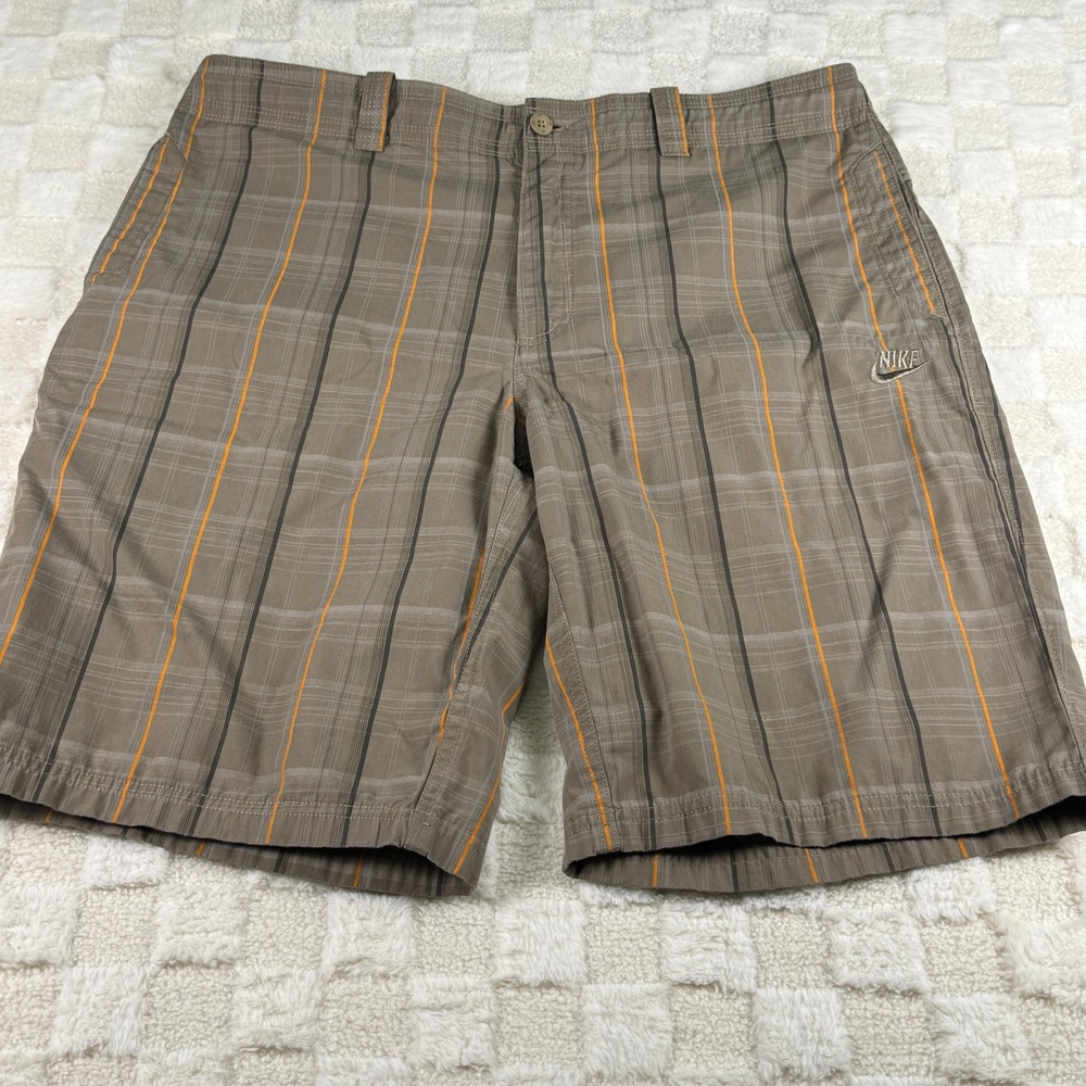 Nike Golf Shorts Mens 35 Brown Plaid Orange Stripe Embroidered Swoosh Logo‎